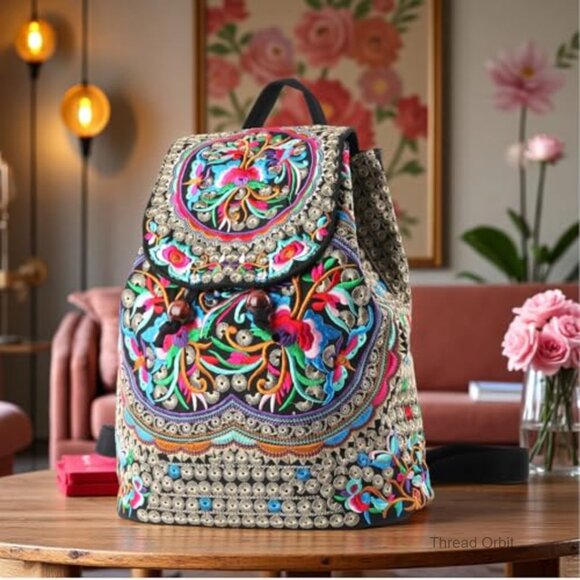 Large Embroidered Canvas Backpack Daypack Travel Bag Adjustable Shoulder Strap main image 6